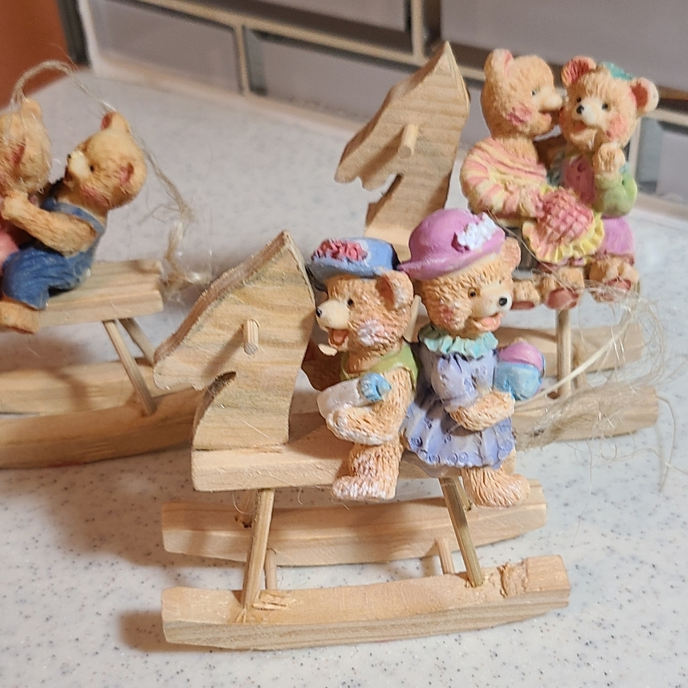 Unique Vintage Ceramic Bear Family on Wooden Rocking Horse